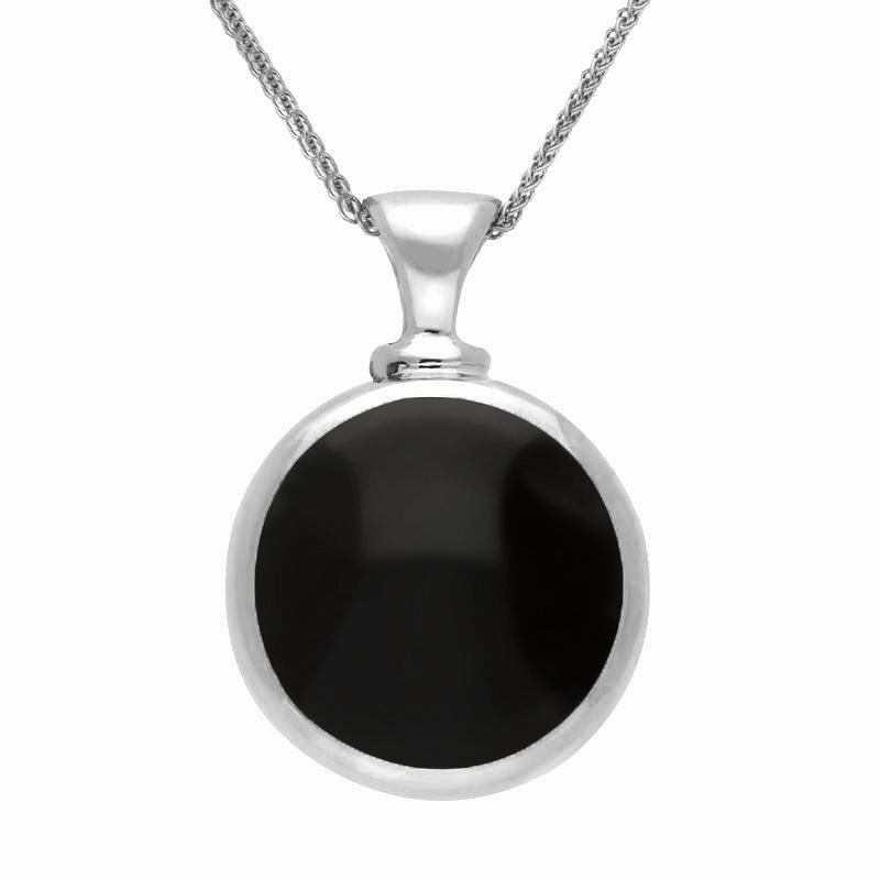 18ct White Gold Whitby Jet Mother Of Pearl Double Sided Dinky Fob Necklace
