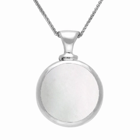 18ct White Gold Whitby Jet Mother Of Pearl Double Sided Dinky Fob Necklace