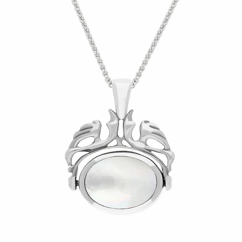 18ct White Gold Whitby Jet Mother Of Pearl Double Sided Swivel Fob Necklace