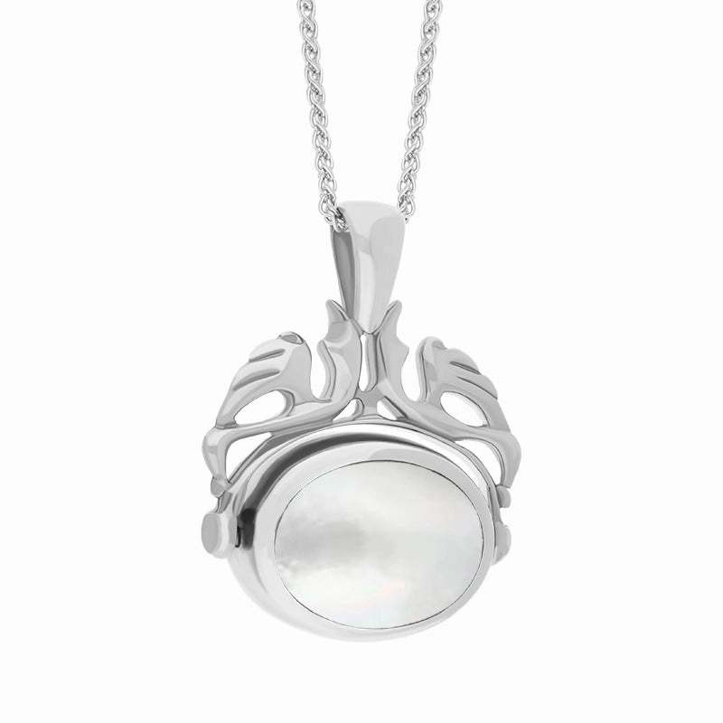 18ct White Gold Whitby Jet Mother Of Pearl Double Sided Swivel Fob Necklace