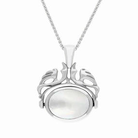 18ct White Gold Whitby Jet Mother Of Pearl Double Sided Swivel Fob Necklace