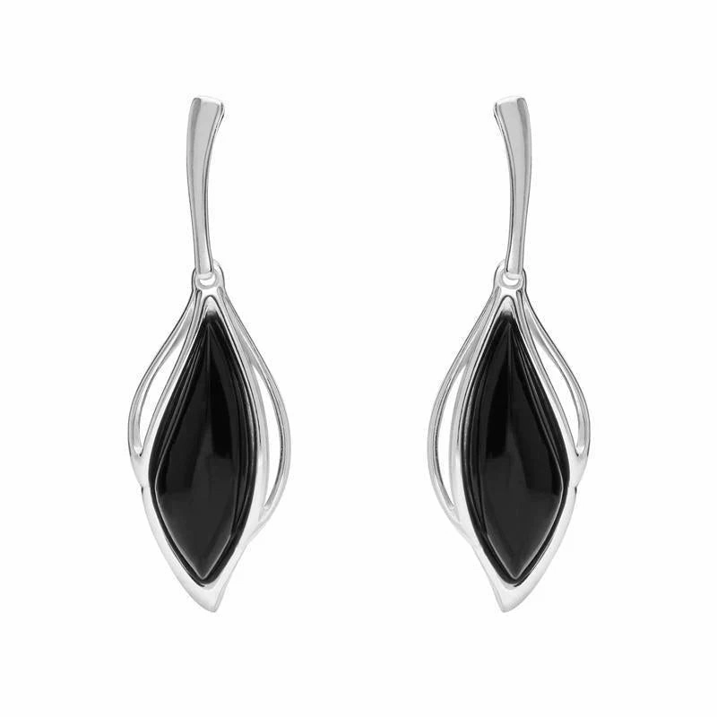 18ct White Gold Whitby Jet Open Marquise Drop Earrings