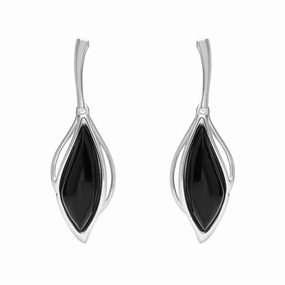 18ct White Gold Whitby Jet Open Marquise Drop Earrings