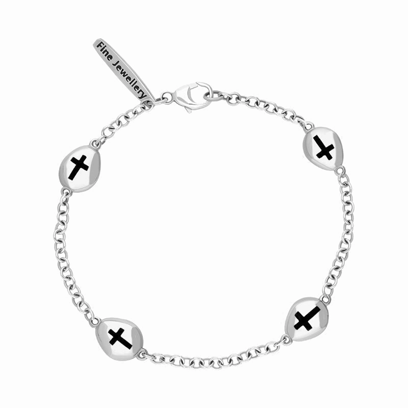 18ct White Gold Whitby Jet Oval Cross Detail Four Stone Bracelet
