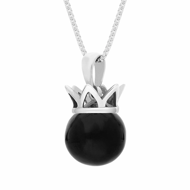 18ct White Gold Whitby Jet Royal Coronet 11mm Bead Pendant