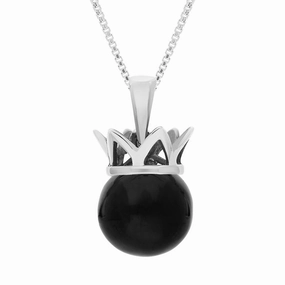 18ct White Gold Whitby Jet Royal Coronet 11mm Bead Pendant