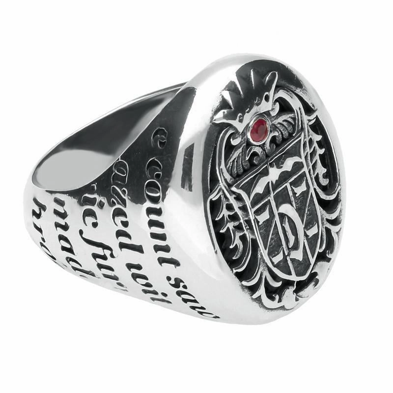 18ct White Gold Whitby Jet Ruby Dracula Crest Replica Signet Ring