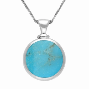 18ct White Gold Whitby Jet Turquoise Double Sided Round Dinky Fob Necklace