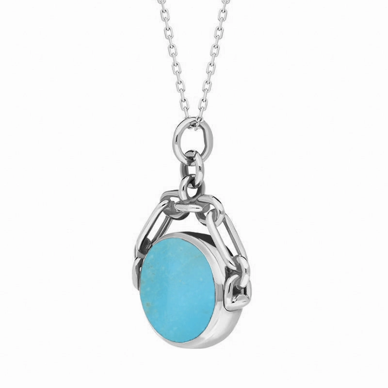 18ct White Gold Whitby Jet Turquoise Double Sided Swivel Fob Necklace