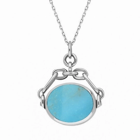 18ct White Gold Whitby Jet Turquoise Double Sided Swivel Fob Necklace
