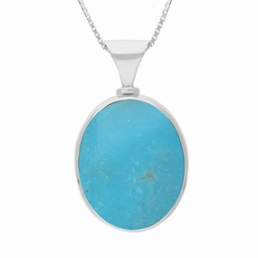 18ct White Gold Whitby Jet Turquoise Hallmark Double Sided Oval Necklace