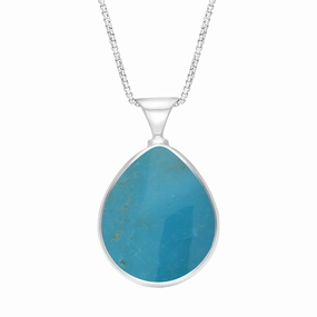 18ct White Gold Whitby Jet Turquoise King's Coronation Hallmark Double Sided Pear-shaped Necklace D