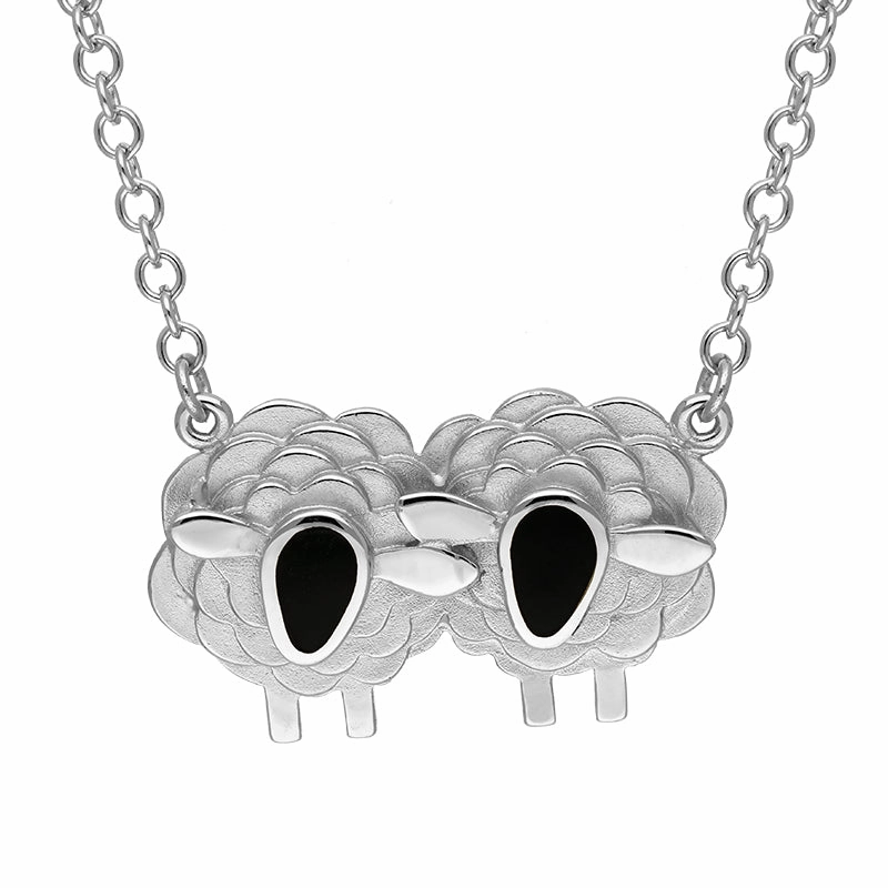 18ct White Gold Whitby Jet Two Large Sheep Necklace