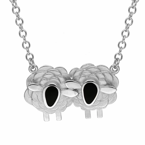 18ct White Gold Whitby Jet Two Large Sheep Necklace