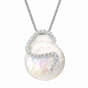 18ct White Gold White Akoya Pearl Diamond Curved Necklace