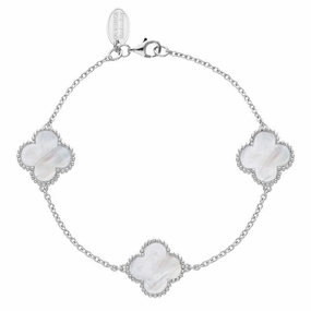 18ct White Gold White Mother of Pearl Bloom Four Leaf Clover Ball Edge Chain Bracelet