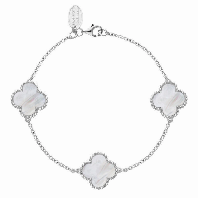 18ct White Gold White Mother of Pearl Bloom Four Leaf Clover Ball Edge Chain Bracelet