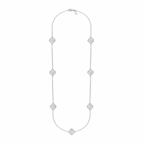 18ct White Gold White Mother of Pearl Bloom Four Leaf Clover Ball Edge Long Necklace