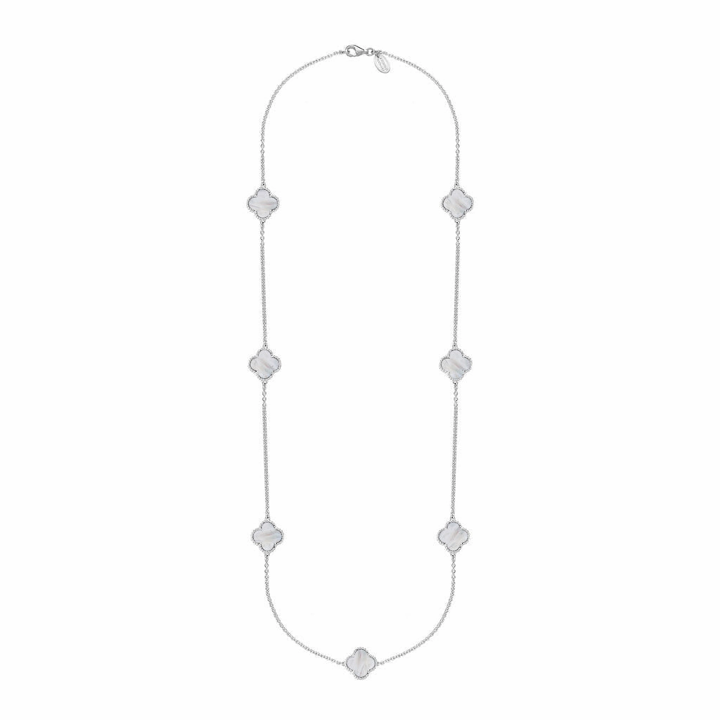 18ct White Gold White Mother of Pearl Bloom Four Leaf Clover Ball Edge Long Necklace