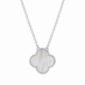 18ct White Gold White Mother of Pearl Bloom Large Four Leaf Clover Ball Edge Chain Necklet