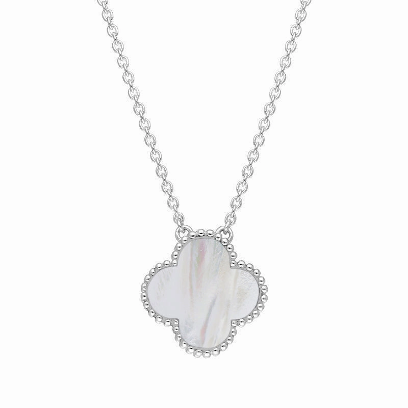 18ct White Gold White Mother of Pearl Bloom Large Four Leaf Clover Ball Edge Chain Necklet
