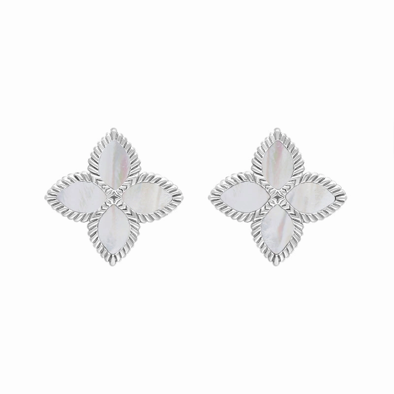 18ct White Gold White Mother of Pearl Eden Marquise Flower Stud Earrings
