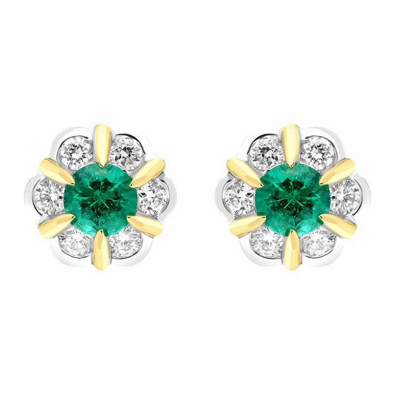 18ct White Yellow Gold 0.18ct Emerald 0.28ct Diamond Cluster Stud Earrings