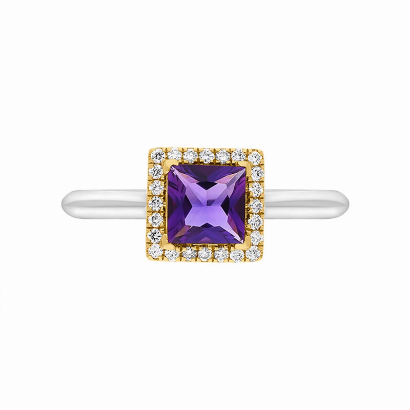 18ct White Yellow Gold Amethyst Diamond Square Cluster Ring