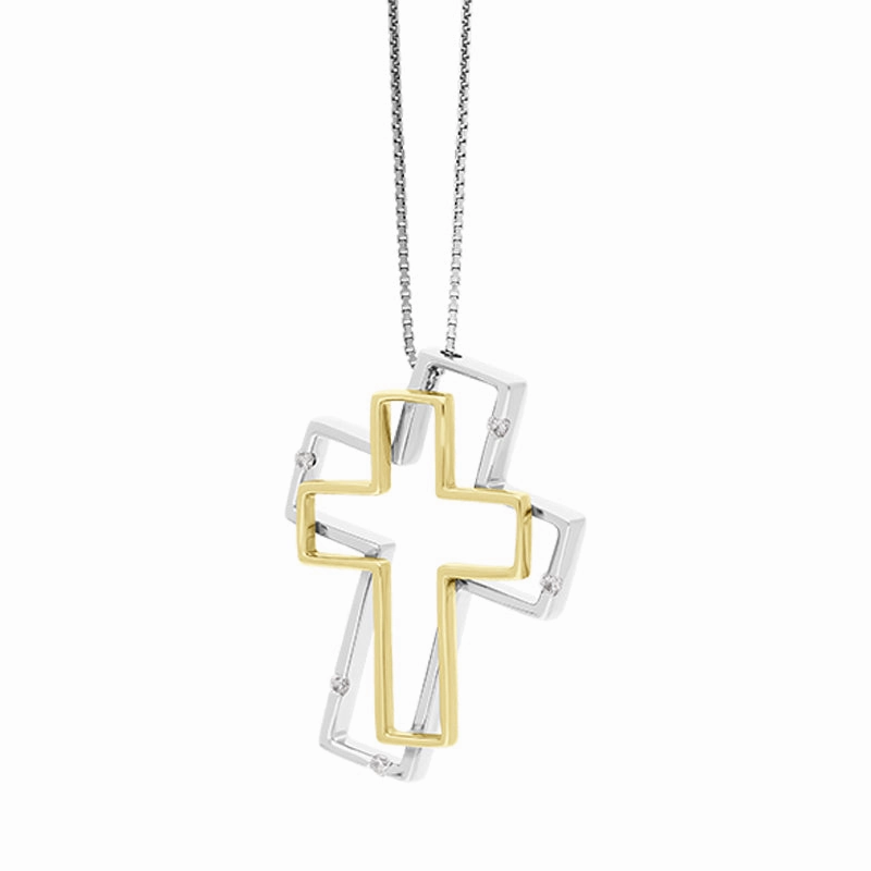 18ct White Yellow Gold Diamond Double Cross Necklace D