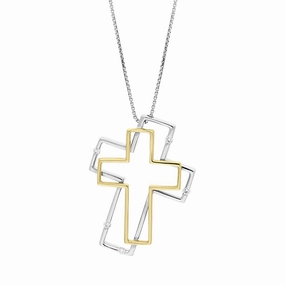 18ct White Yellow Gold Diamond Double Cross Necklace D