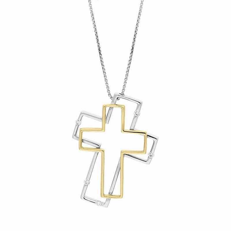 18ct White Yellow Gold Diamond Double Cross Necklace D