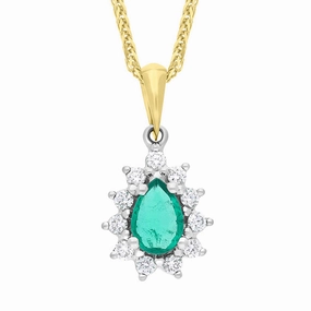18ct Yellow and White Gold Emerald Diamond Cluster Pear Cut Pendant
