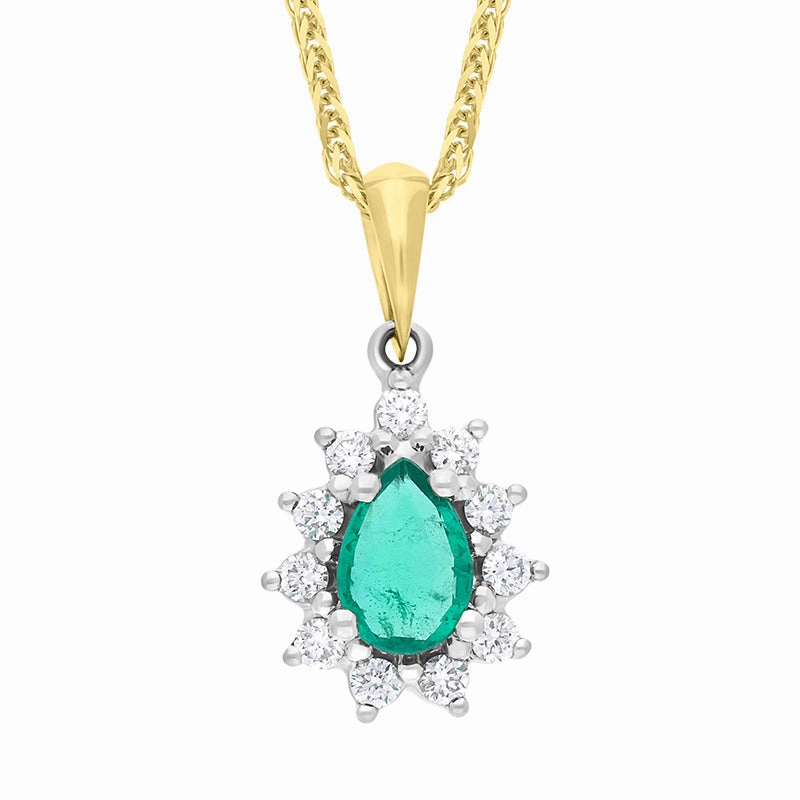 18ct Yellow and White Gold Emerald Diamond Cluster Pear Cut Pendant