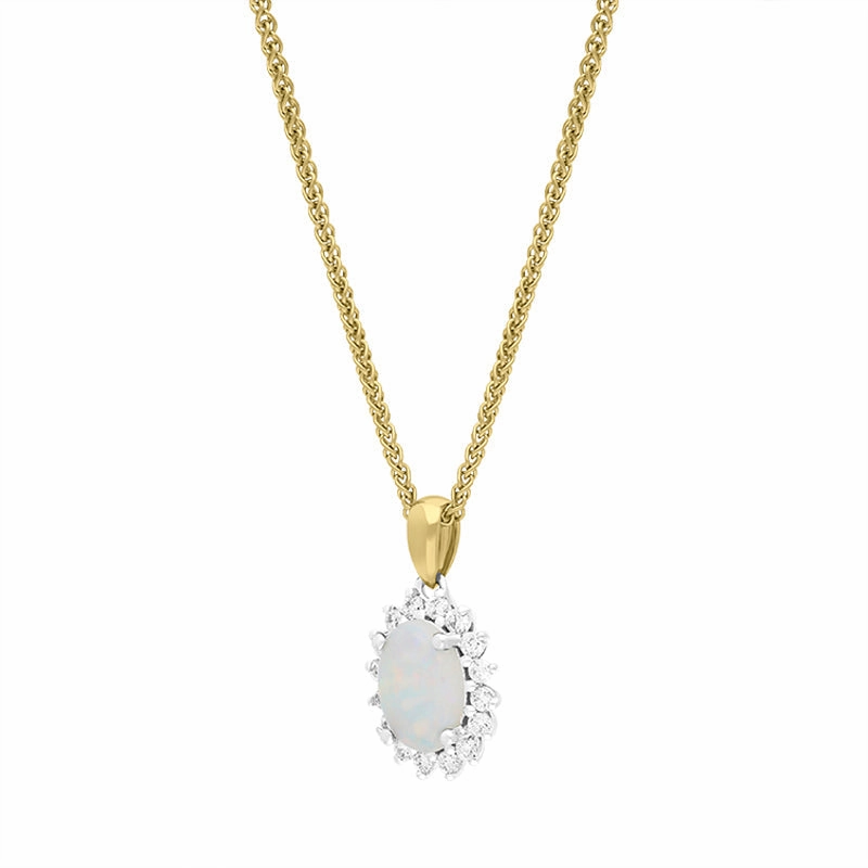 18ct Yellow and White Gold Opal Diamond Oval Cut Cluster Necklace