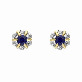 18ct Yellow and White Gold Sapphire Diamond Flower Cluster Stud Earrings