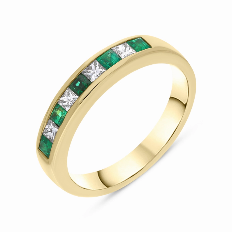 18ct Yellow Gold 0.24ct Emerald Diamond Princess Cut Half Eternity Ring