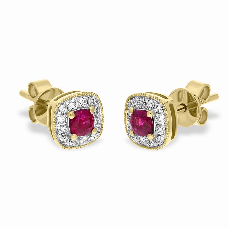 18ct Yellow Gold 0.33ct Ruby Diamond Cushion Stud Earrings