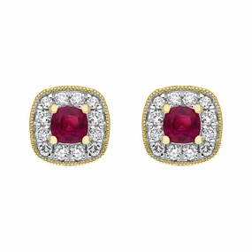 18ct Yellow Gold 0.33ct Ruby Diamond Cushion Stud Earrings