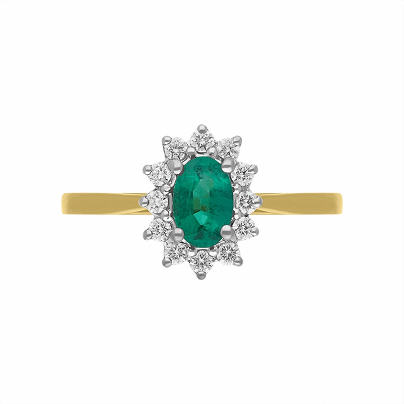 18ct Yellow Gold 0.34ct Emerald Diamond Oval Cluster Halo Ring
