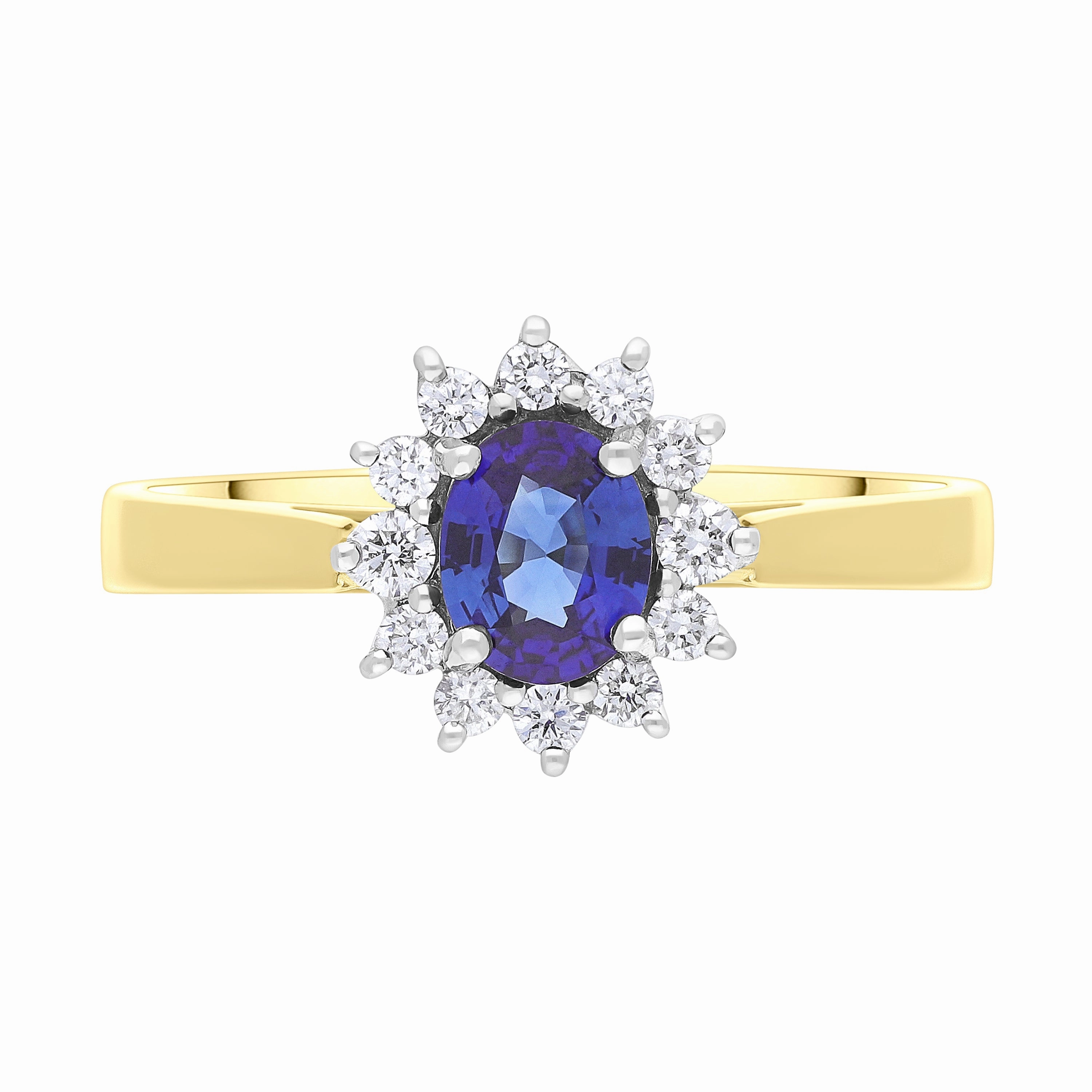 18ct Yellow Gold 0.43ct Sapphire 0.12ct Diamond Oval Claw Cluster Ring
