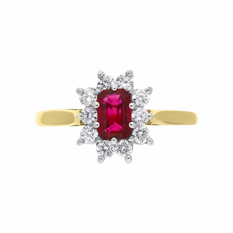 18ct Yellow Gold 0.46ct Ruby Diamond Emerald Cut Cluster Ring