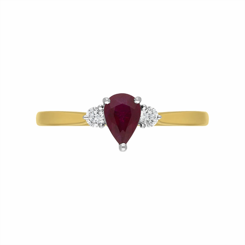 18ct Yellow Gold 0.52ct Ruby Diamond Pear Cut Three Stone Ring