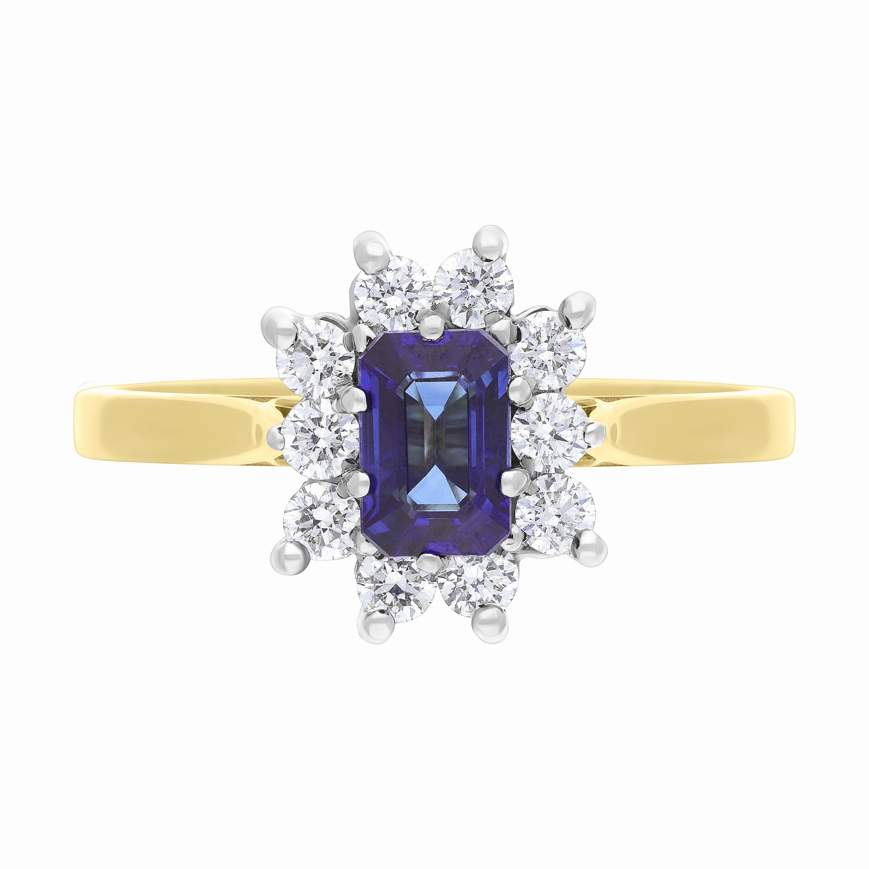 18ct Yellow Gold 0.62ct Sapphire 0.37ct Diamond Emerald Cut Cluster Ring