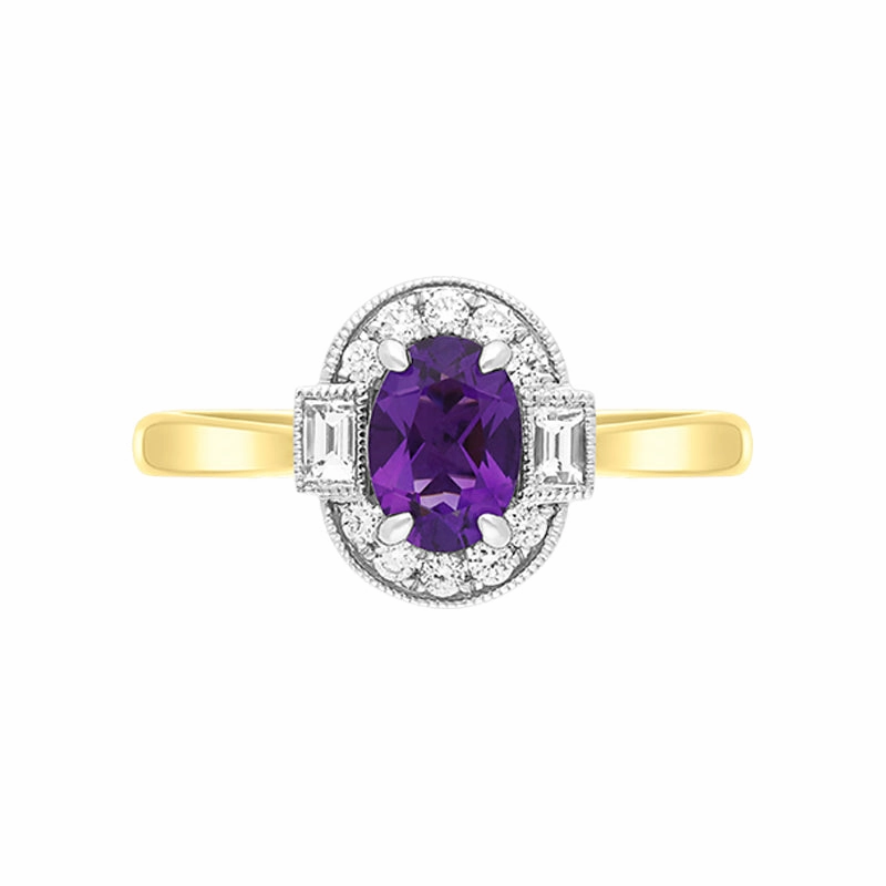 18ct Yellow Gold 0.63ct Amethyst Diamond Baguette Cut Halo Ring