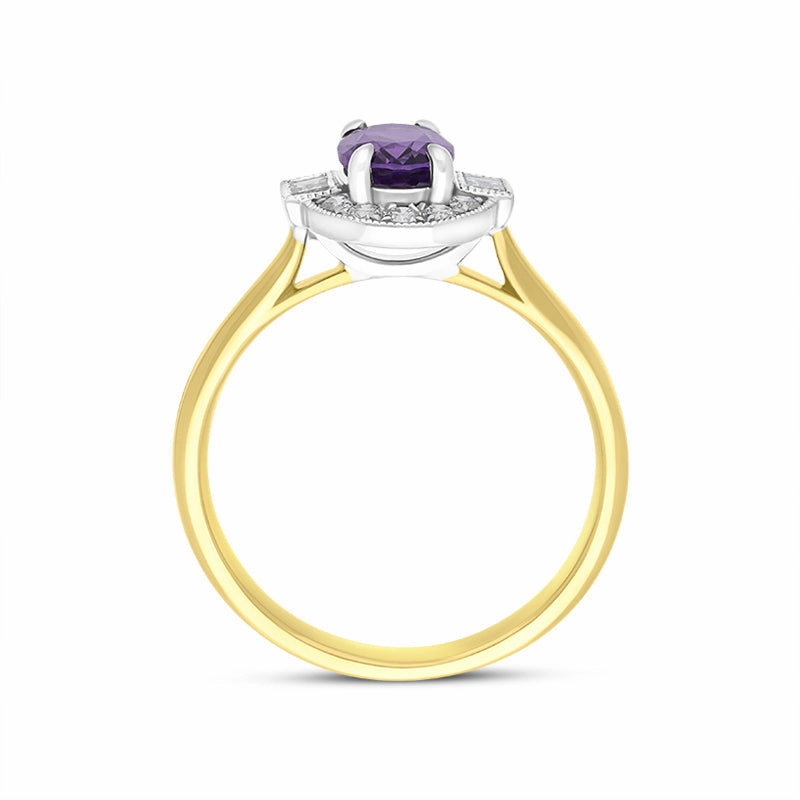 18ct Yellow Gold 0.63ct Amethyst Diamond Baguette Cut Halo Ring