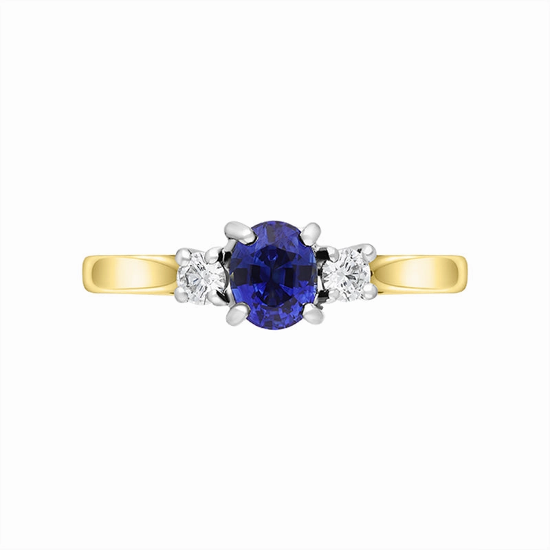 18ct Yellow Gold 0.64ct Sapphire Diamond Oval Cut Three Stone Ring