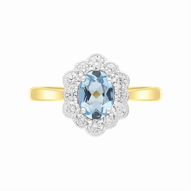 18ct Yellow Gold 0.67ct Aquamarine Diamond Halo Ring