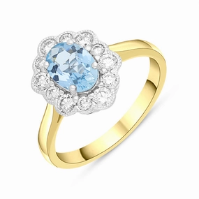 18ct Yellow Gold 0.67ct Aquamarine Diamond Halo Ring