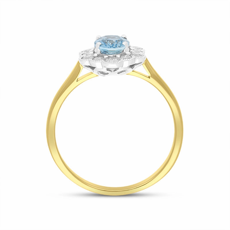 18ct Yellow Gold 0.67ct Aquamarine Diamond Halo Ring