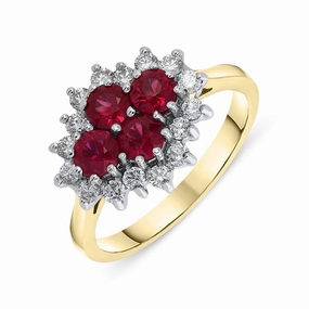 18ct Yellow Gold 0.85ct Ruby Diamond Cluster Ring